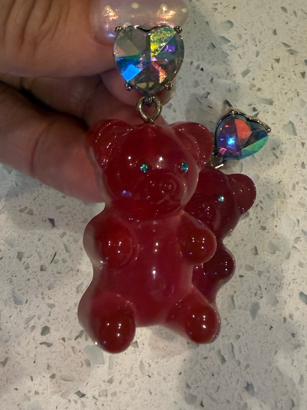 NEVER WORN. Betsey Johnson Red Gummy Bear Drop Earrings w/Iridescent Heart post